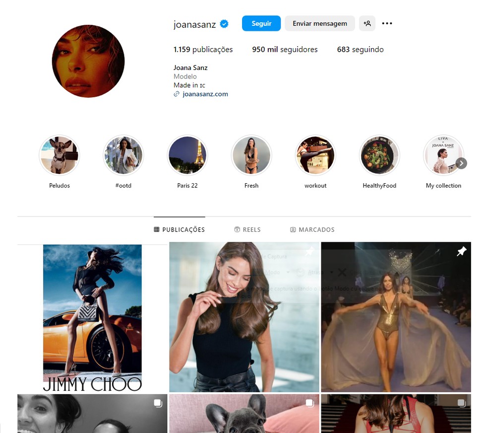 Joana Sanz rativa conta no Instagram — Foto: Reprodução