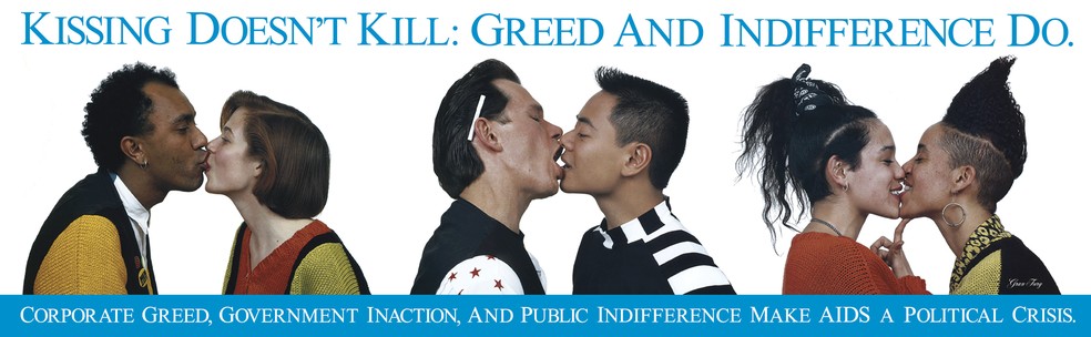 'Kissing doesn’t kill' (1989-1990), exibida em anúncio de ônibus, do projeto 'Art against Aids: on the road', em São Francisco: intervenções públicas para conscientizar governo e sociedade sobre a epidemia na época — Foto: Divulgação