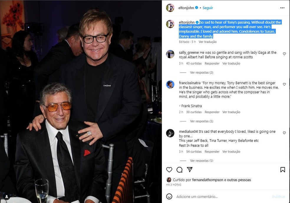 Post de Elton John em homenagem a Tony Bennett — Foto: Instagram/Reprodução