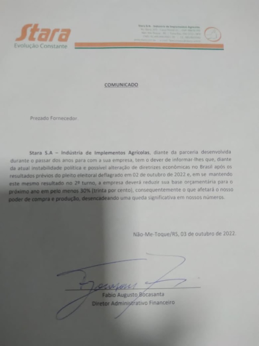 Empresa disse que reduzirá sua base orçamentária em 30% caso o ex-presidente Luiz Inácio Lula da Silva (PT) vença as eleições no 2º turno