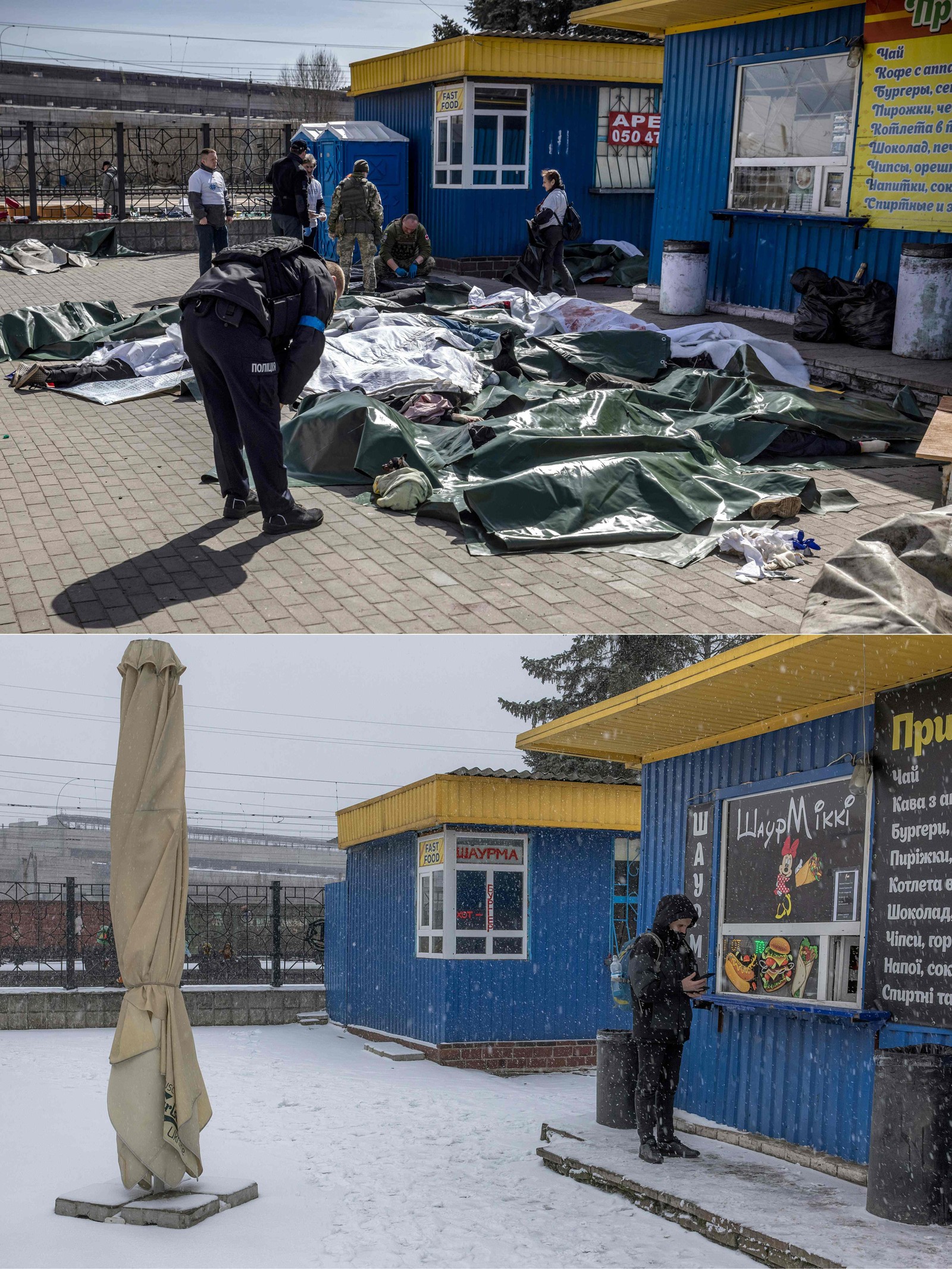 08/04/2022: Acima, um policial ucraniano observa corpos cobertos no chão após ataque que matou cerca de 35 pessoas. 25/01/2024: Abaixo, no mesmo local, local reconstruído com cartaz publicitário. — Foto: FADEL SENNA and Roman PILIPEY / AFP