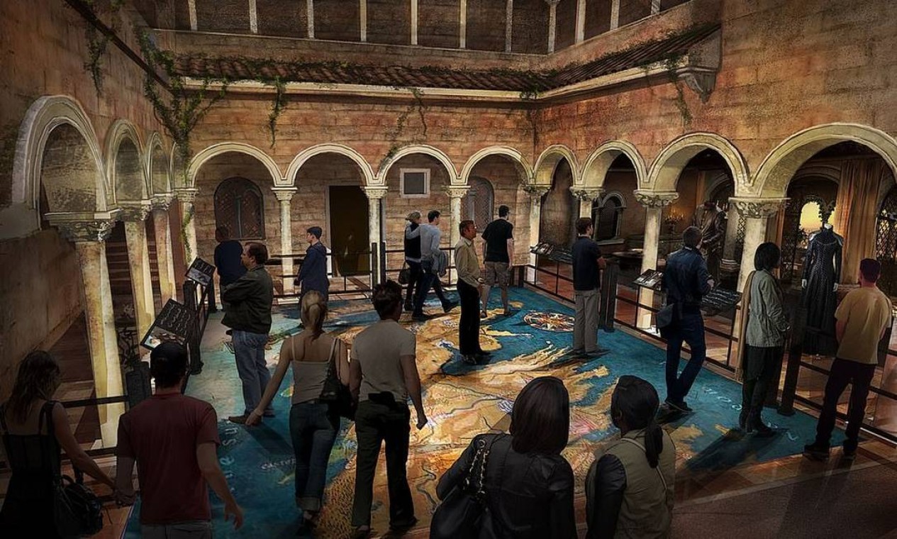 Aqui vemos o cenário do pátio interno da Fortaleza Vermelha, que tinha no chão o mapa de Westeros — Foto: HBO / Divulgação