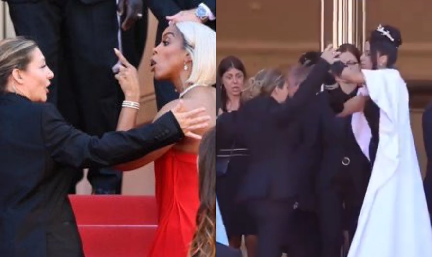 A cantora Kelly Rowland (à esquerda) e a atriz Massiel Taveras se envolvem em confusão com segurança no tapete vermelho do Festival de Cannes
