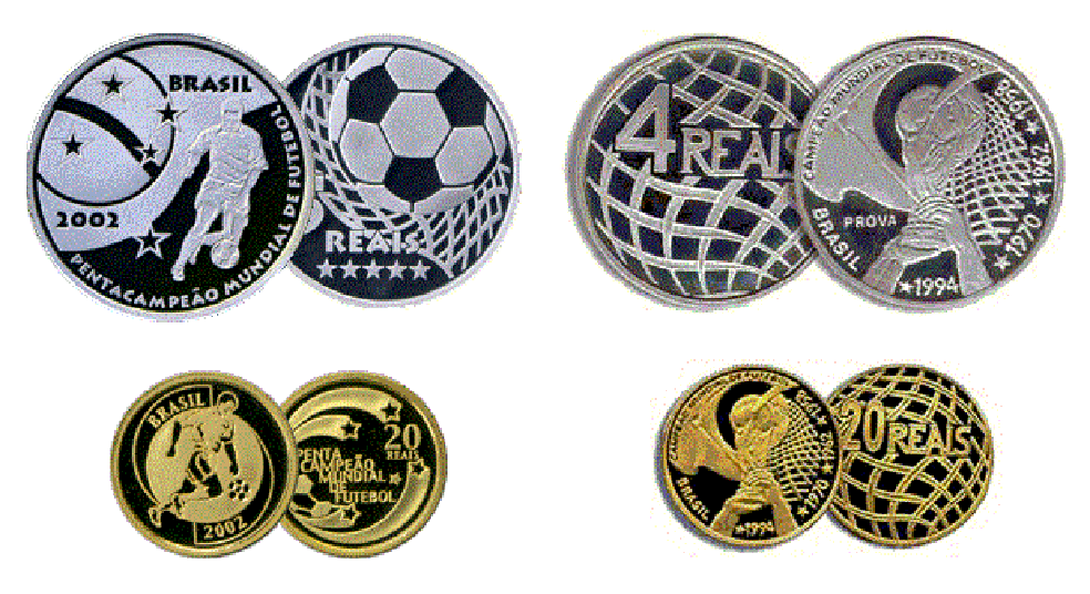 Tanto em 1994, quanto em 2002, foram lançadas moedas para comemorar a cosquista dos título de tetra e penta campeão pela seleção brasileira — Foto: Reprodução/ Banco Central