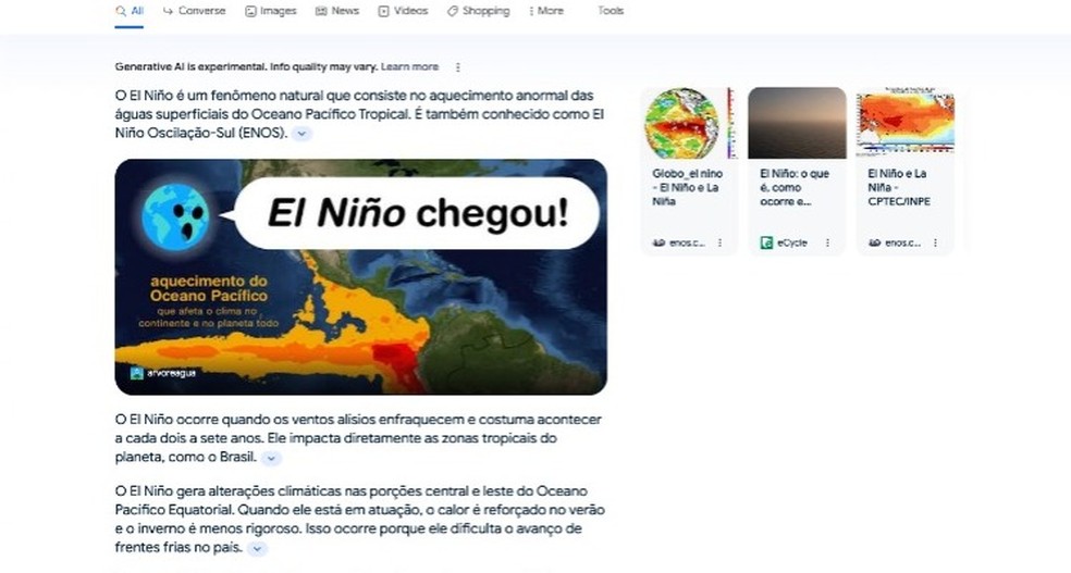 Resposta da IA do Google para o El Niño — Foto: Reprodução/Google