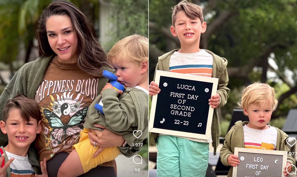 Fernanda Machado com Lucca e Leo no primeiro dia de aula — Foto: Reprodução/Instagram