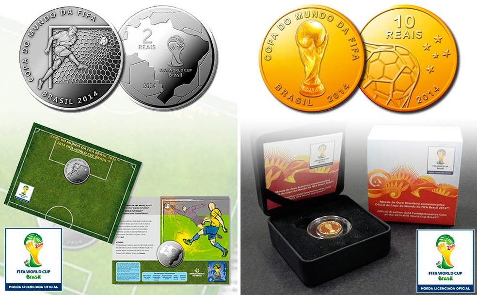 a Copa do Mundo Brasil 2014 contou com nove moedas comemorativas, uma de ouro, duas de prata e seis de cuproníquel — Foto: Reprodução/ Banco Central do Brasil