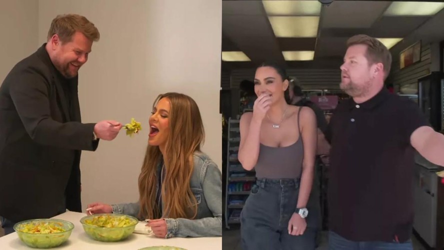 James Corden com Khloé e Kim Kardashian. Por um dia ele foi o 'assistente pessoal' da família