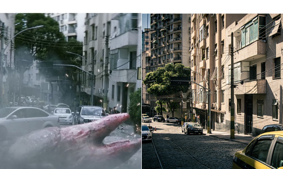 Cena de Godzila e Kong, gravada na Rua Francisco Muratori, na Lapa — Foto: Reprodução e Hermes de Paula