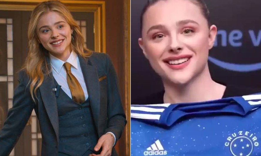 A atriz Chloë Grace Moretz (à esquerda, em cena de 'Tom & Jerry'; à direita, com a camisa do clube Cruzeiro)