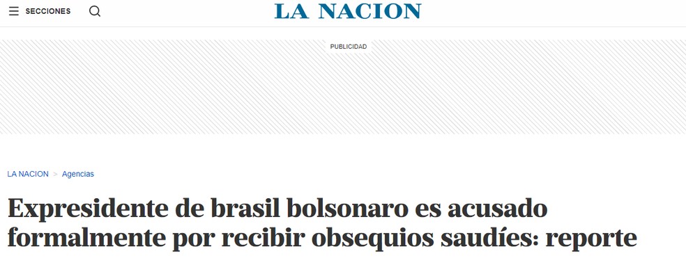 La Nacion repercute indiciamento do ex-presidente Jair Bolsonaro — Foto: Reprodução
