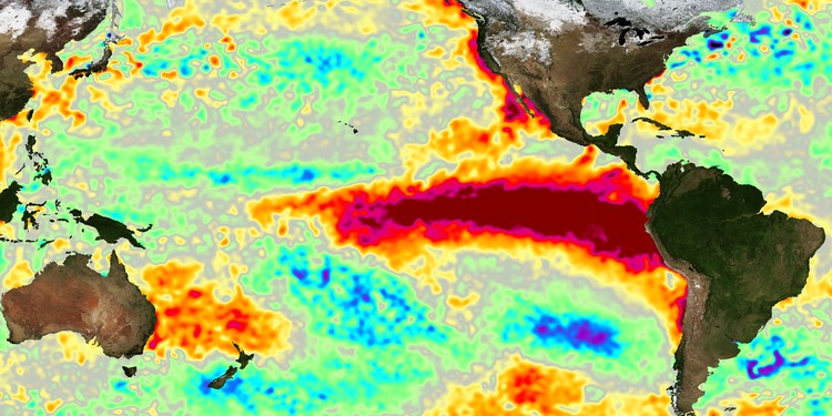 Mapa de anomalia de aquecimento no Oceano Pacífico que caracterizou o efeito El Niño de 1997/98, um dos mais fortes já registrados