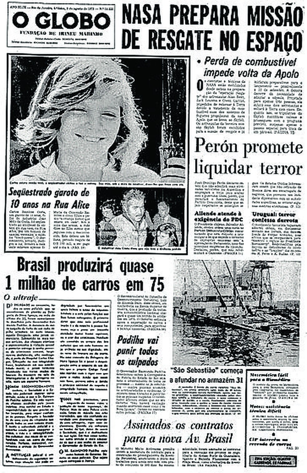 Capa do GLOBO em 3 de agosto de 1973, com destaque para o sequestro de Carlinhos — Foto: Arquivo O Globo