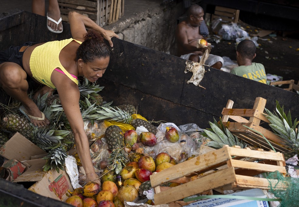 Mulher revira caçambas de lixo no Ceasa, no Rio, atrás de frutas e legumes para alimentar filhos e neta — Foto: Márcia Foletto / Agência O Globo