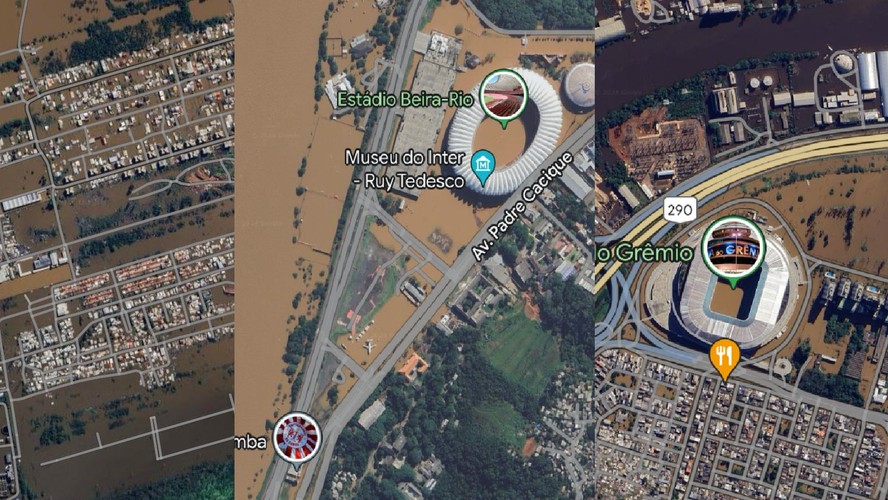 Imagens do Google Maps de Porto Alegre e da Região Metropolitana alagadas pelas chuvas históricas de maio