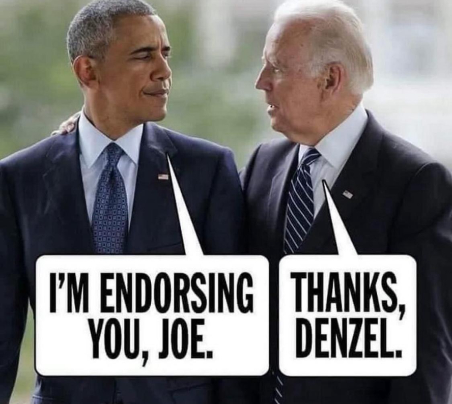 Meme ironiza gafe de Biden com seguinte diálogo: 'Estou apoiando você, Joe', disse um sorridente Obama, que recebe a resposta 'Obrigada, Denzel', em referência ao ator americano Denzel Washington