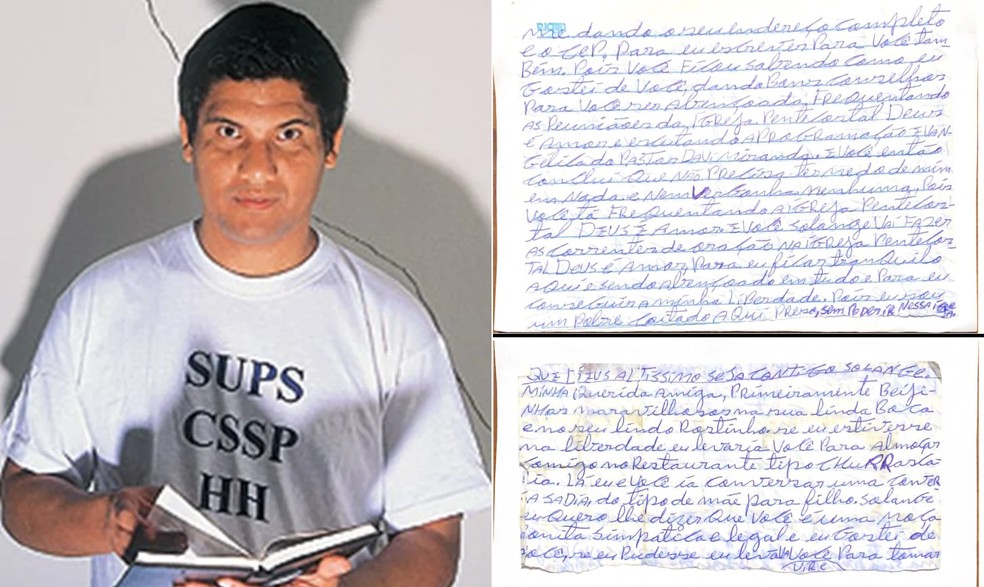 Marcelo Costa de Andrade e trechos das cartas enviadas à psicóloga — Foto: Reprodução