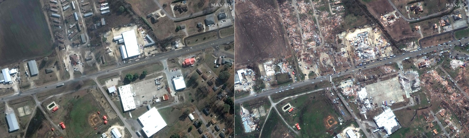 Imagens de satélite de rua em Rolling Fork: na esquerda, em dezembro do ano passado. Na direita, neste domingo — Foto: AFP