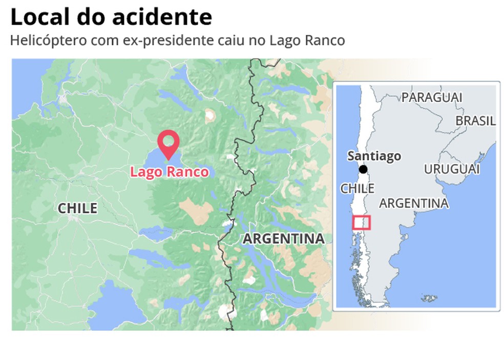 Local onde helicóptero de Piñera caiu no Chile — Foto: Editoria de Arte / O Globo