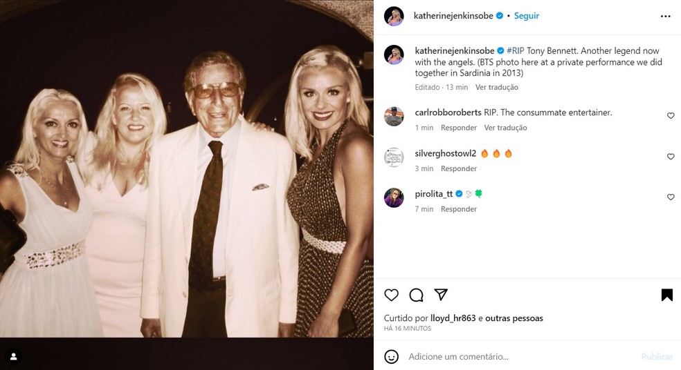 Katherine Jenkins resgata foto antiga ao lado de Tony Bennett — Foto: Reprodução/Instagram