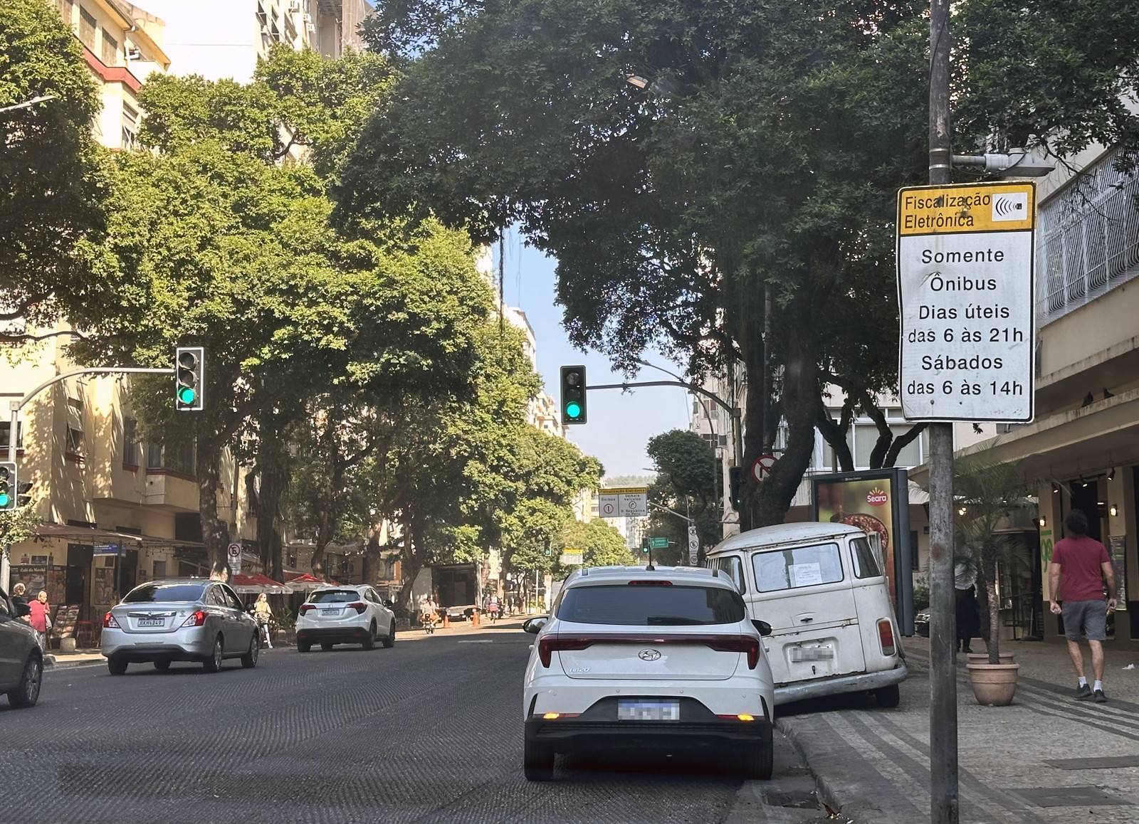 Kombi descarregando e carro de passeio estacionado na pista do BRS da Rua Barata Ribeiro — Foto: Selma Schmidt