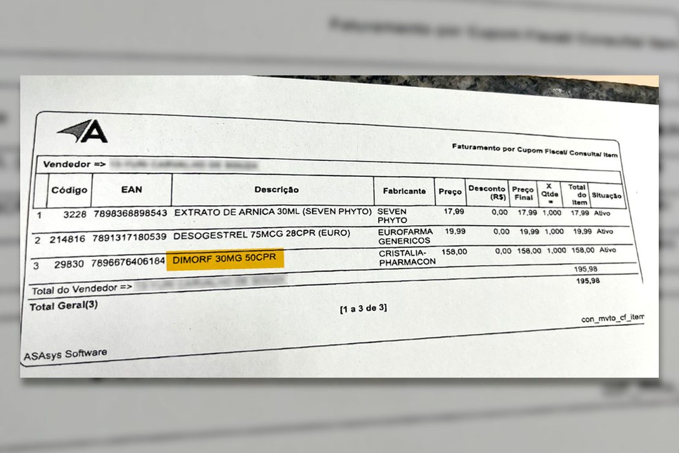 Nota fiscal mostra compra de analgésicos com morfina por Júlia Andrade Cathermol Pimenta em 6 de maio — Foto: Reprodução