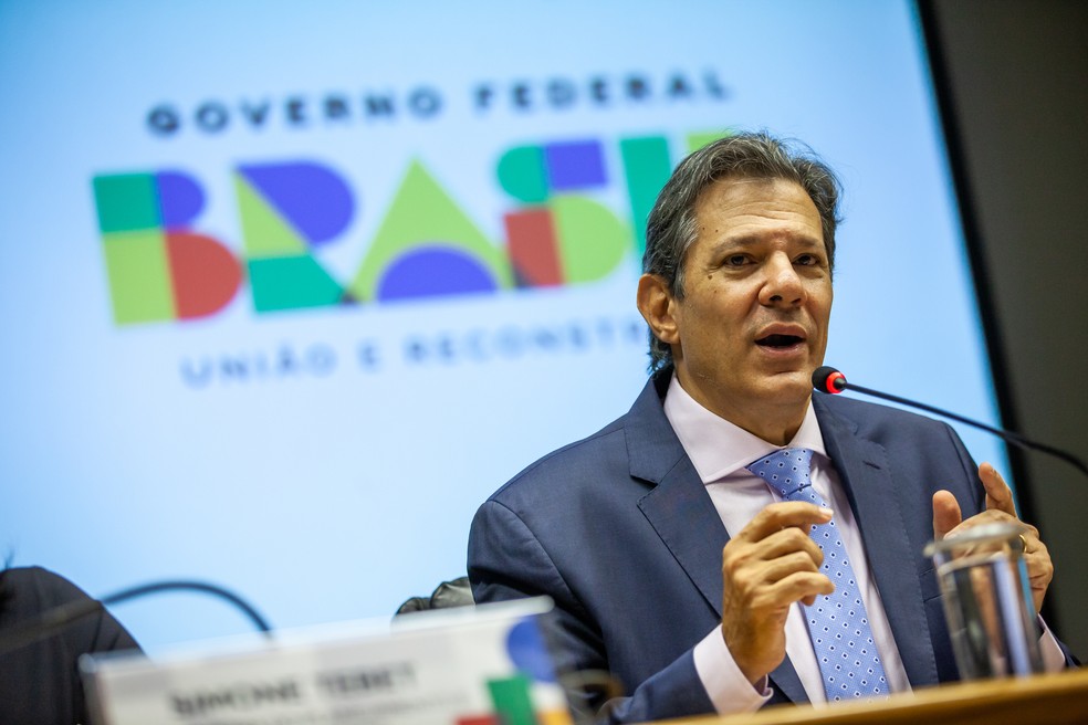 O ministro da Fazenda, Fernando Haddad, durante a apresentação do novo arcabouço fiscal — Foto: Diogo Zacarias/MF