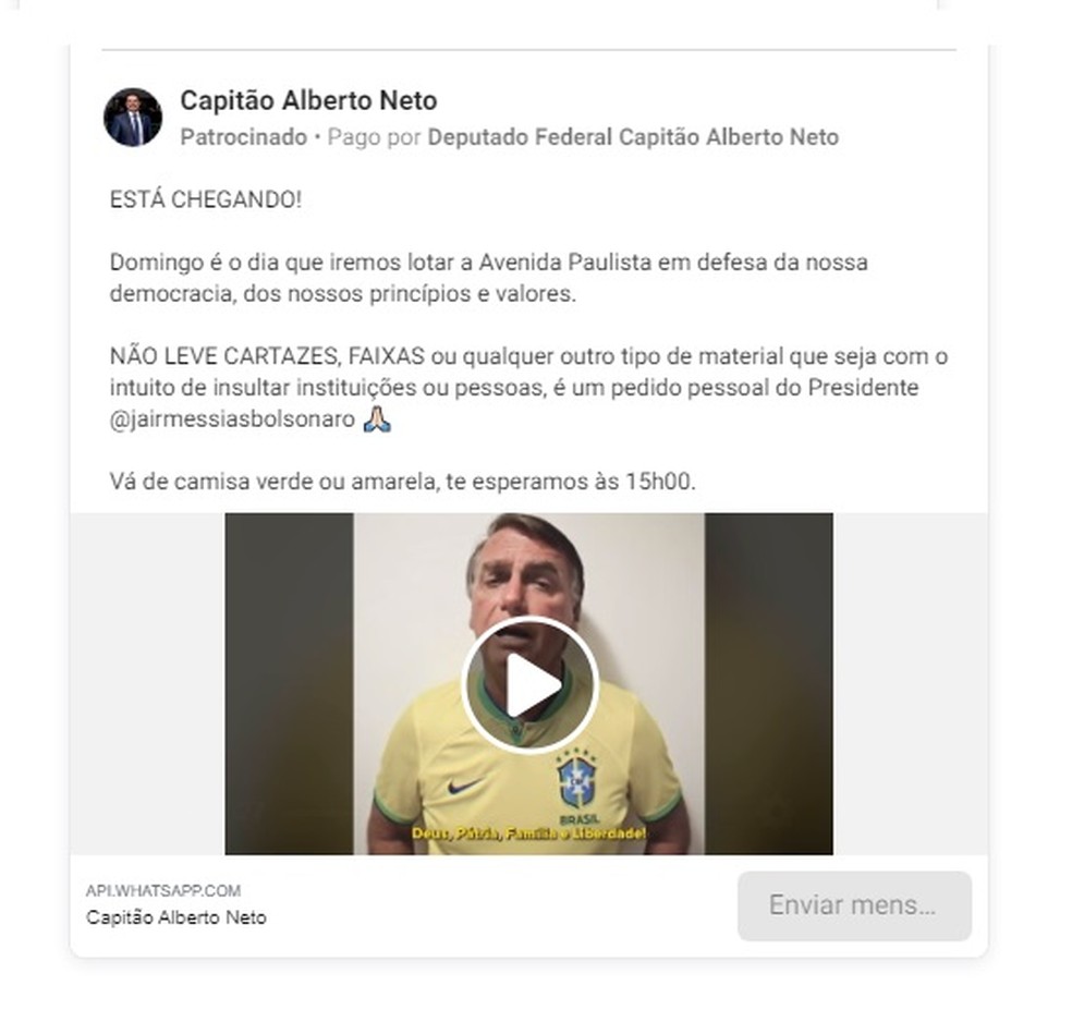 Postagem de deputado cita pedidos de Bolsonaro — Foto: Reprodução