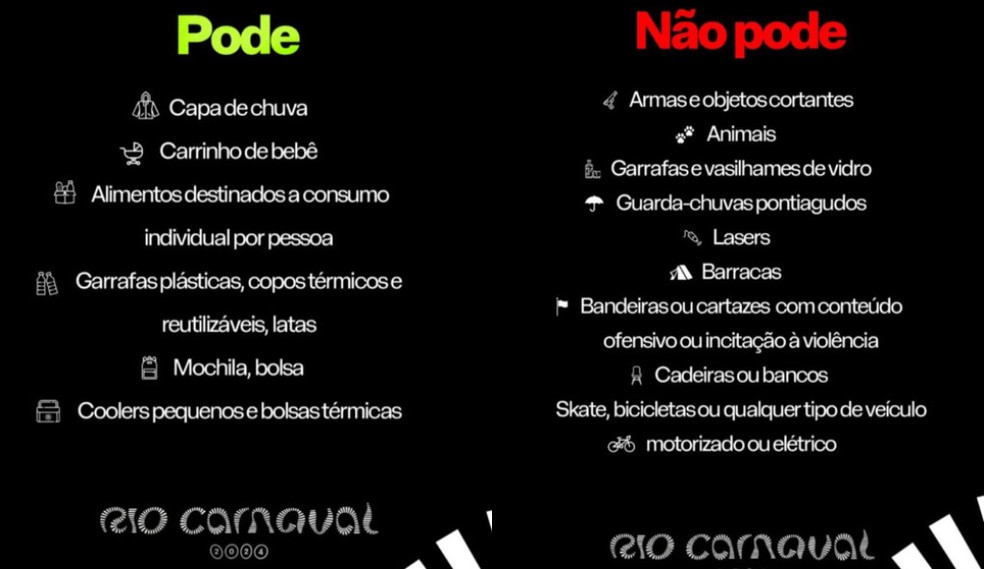 Lista de itens permitidos e proibidos para entrar no Sambódromo durante os ensaios técnicos — Foto: Reprodução / Instagram