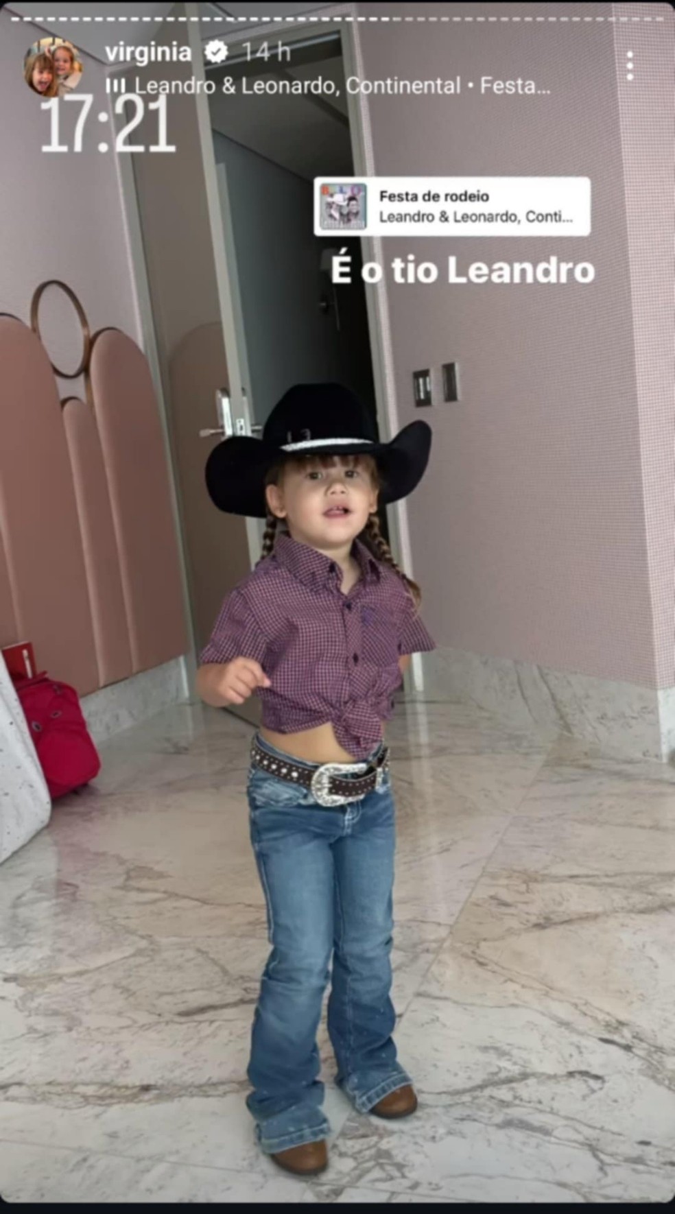 Filha de Virgínia Fonseca usou look country e disse que é Leandro, irmão do avô Leonardo — Foto: Reprodução Instagram