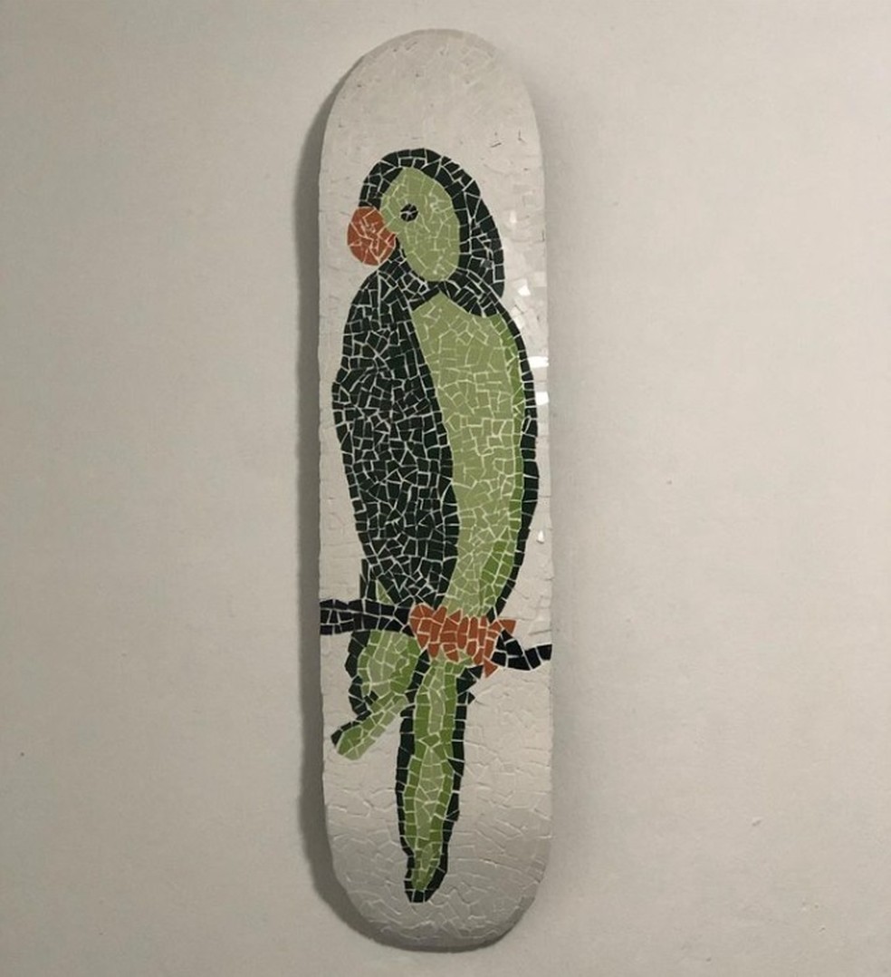 Mosaico com desenho de pássaro em skate: projeto artístico é idealizado por Tina, ex-participante do BBB 2 — Foto: Reprodução/Instagram