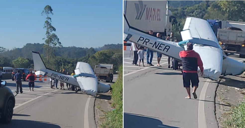 ez Avião faz pouso de emergência na rodovia Régis Bittencourt (BR-116), em Juquitiba, na Grande São Paulo — Foto: Reprodução redes sociais