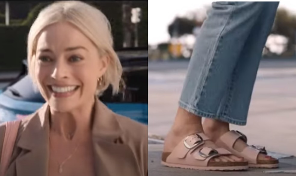 Em cena do filme Barbie, a personagem opta por viver no 'mundo real', com uma sandália Birkenstock — Foto: Reprodução