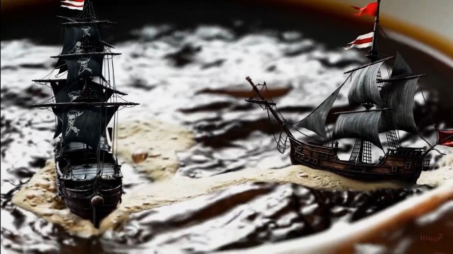 Navios piratas em uma xícara de café: imagem realista gerada pelo Sora, novo sistema de IA da OpenAI