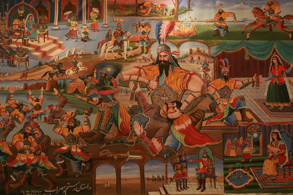 Ilustração em um muro de Teerã do mito de Rostam e Sohrab, um dos pontos de partida do livro de Orhan Pamuk — Foto: Reprodução/ Wikimedia