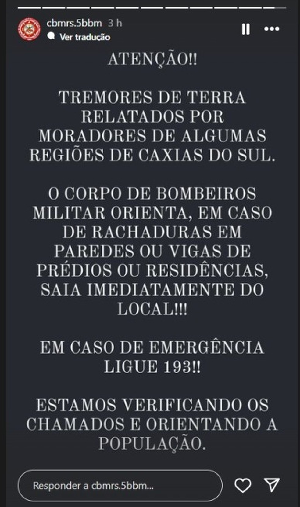 Corpo de Bombeiros emitiu um aviso orientando os moradores a deixarem as suas casas em caso de rachaduras em paredes ou vigas — Foto: Reprodução