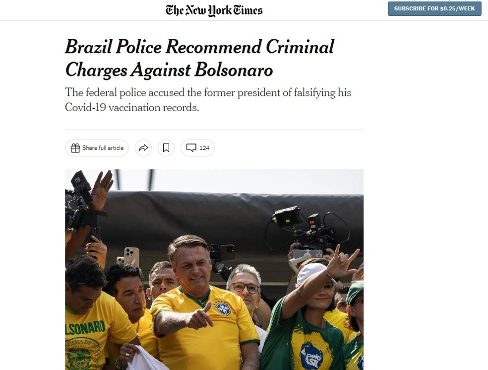 The New York Times noticia indiciamento de Jair Bolsonaro no caso das joias — Foto: Reprodução