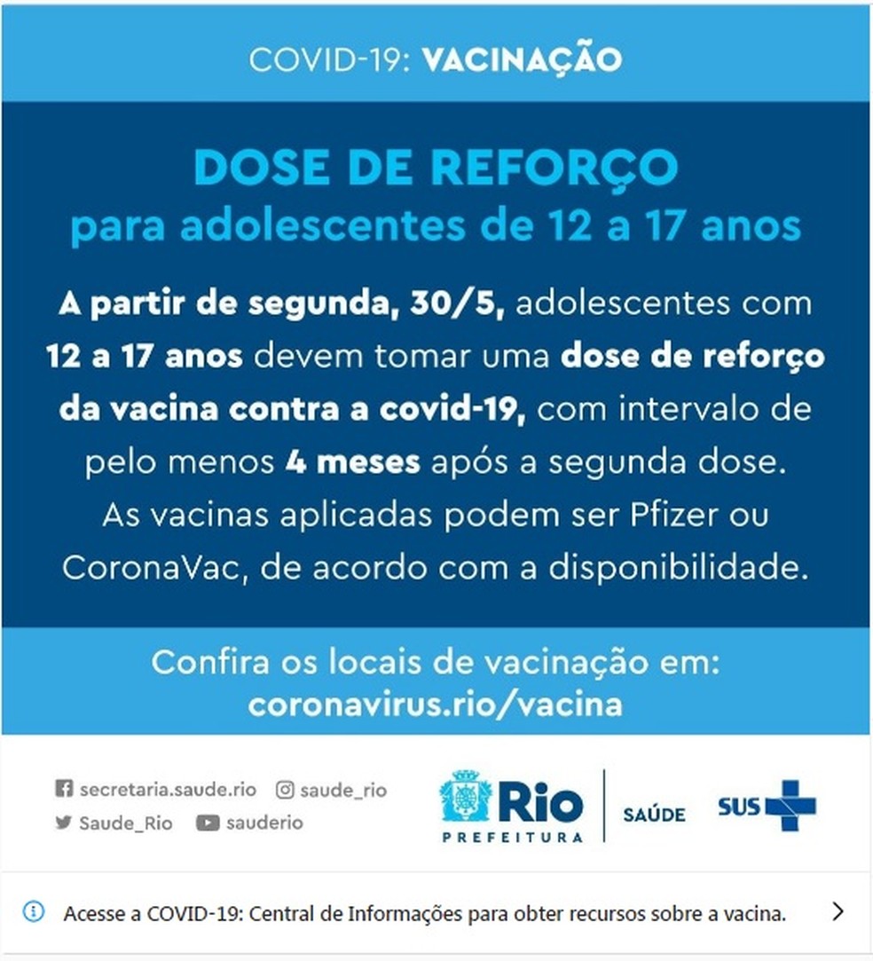 Comunicado da Secretaria municipal de Saúde do Rio sobre a ampliação da terceira dose para adolescentes — Foto: Reprodução / Instagram / SMS