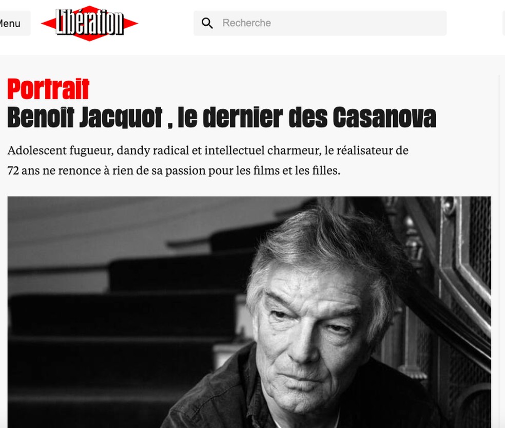 Reportagem de 2019 do Liberátion diz que Jacquot "não renuncia ao seu amor pelos filmes e pelas garotas" — Foto: Reprodução Libération