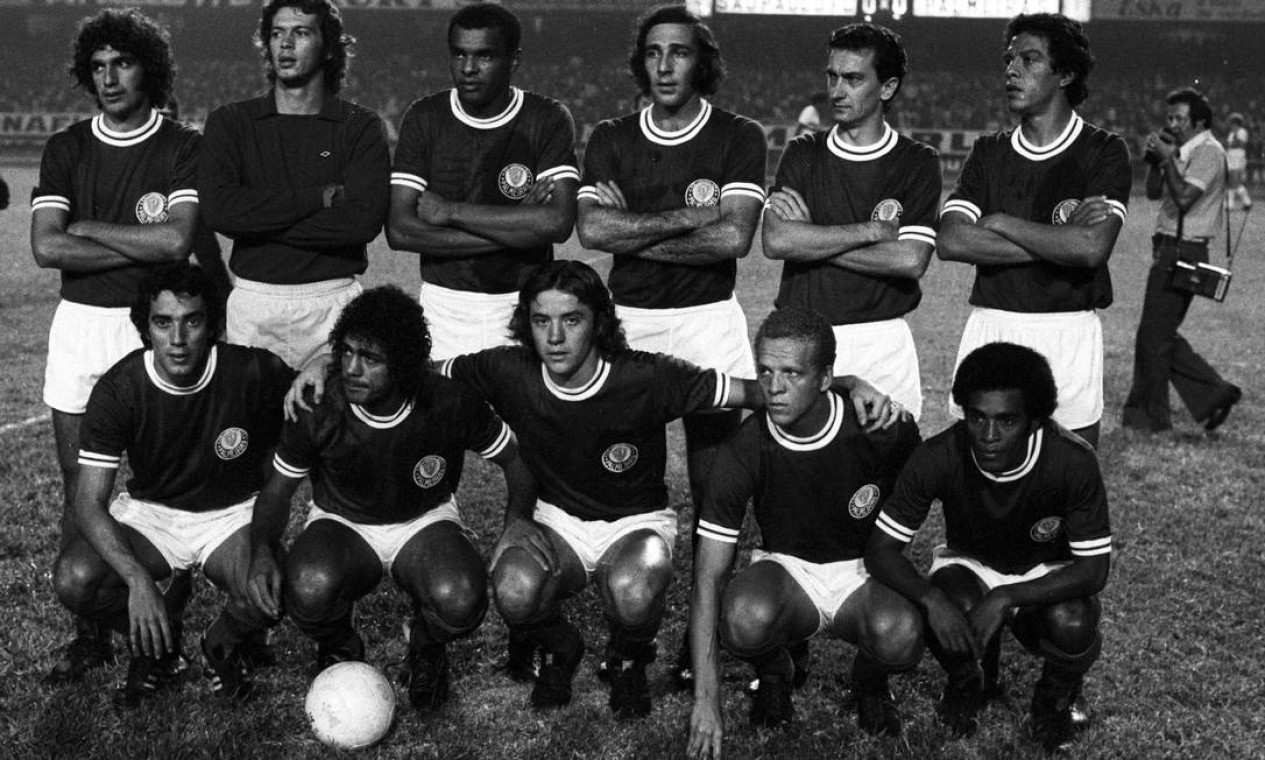 19º - PALMEIRAS (1973) - Em pé: Alfredo, Leão, Luis Pereira, Eurico, Dudu e Zecão. Agachados: Ronaldo, Cesar, Leivinha e Ademir da Guia.  — Foto: Antônio Carlos Piccino/O Globo