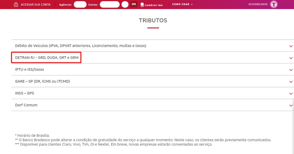 Site do Bradesco para pagar a GRT — Foto: Reprodução/Bradesco