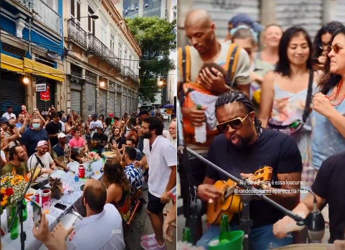 Xande de Pilares e Regina Casé na roda de samba de Humberto Carrão — Foto: Reprodução/Instagram