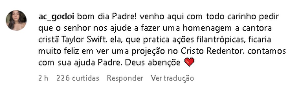 Fã comenta em postagem de Padre Omar, no Instagram, para que Cristo Redentor tenha projeção em homenagem a Taylor Swift — Foto: Reprodução/Instagram