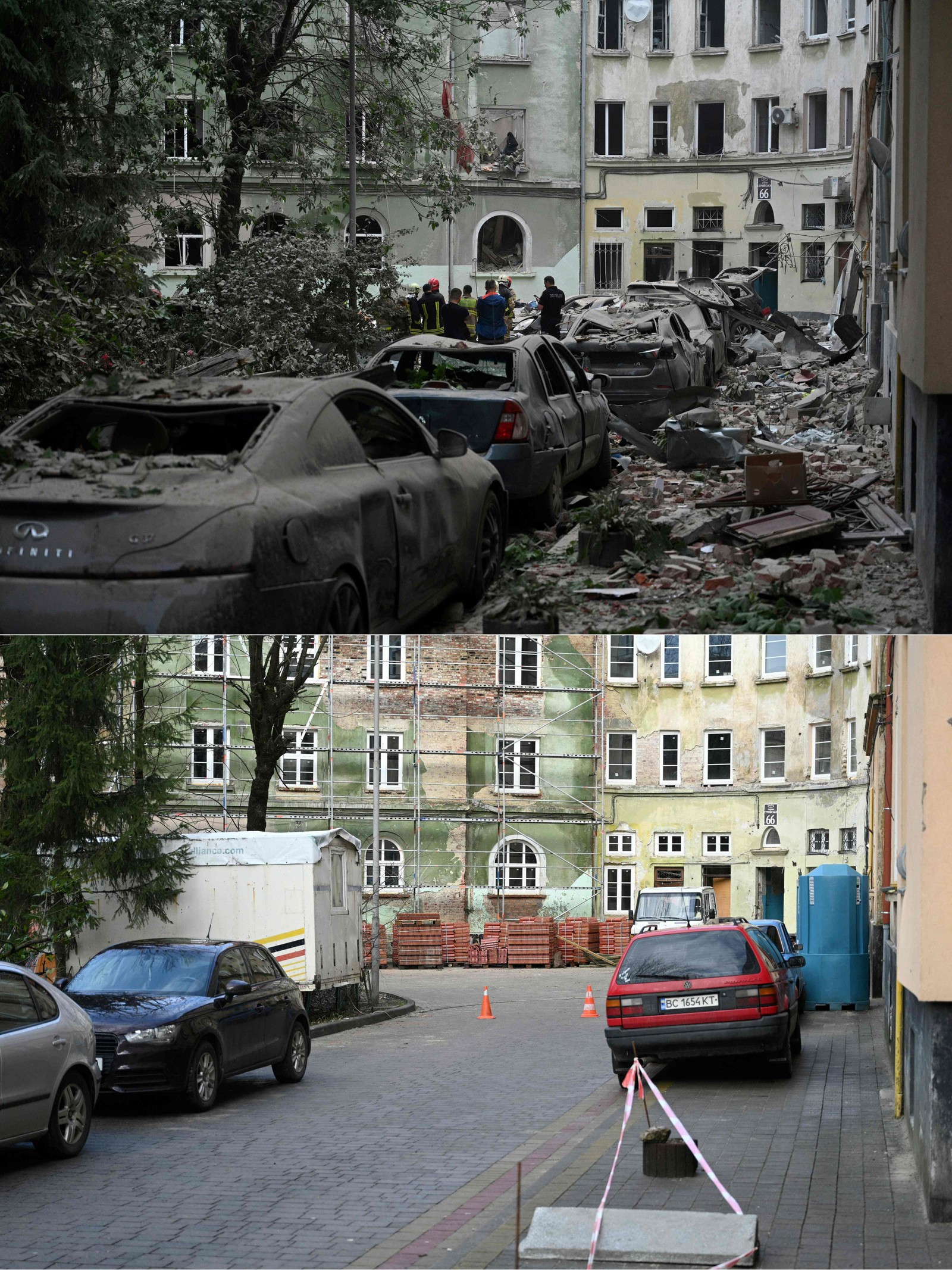 06/07/2023: Acima, destruição na cidade de Lviv após ataque de míssil. 10/02/2024: Abaixo, a reconstrução dos prédios atingidos — Foto: YURIY DYACHYSHYN