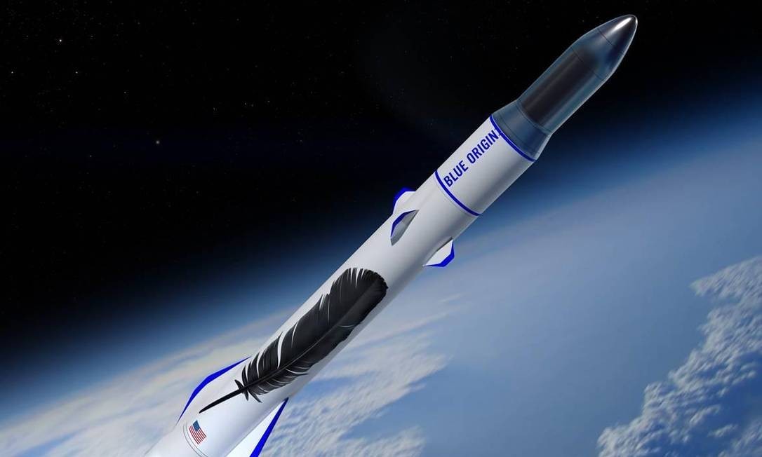 Representação do foguete New Glenn, da Blue Origin, a ser lançado em 2021Divulgação