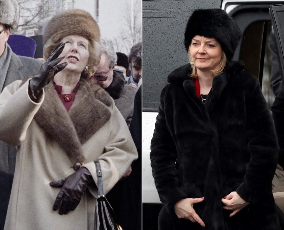 Em fevereiro deste ano, Liz Truss copiou Margaret Thatcher, fotografada em 1987, durante sua visita a Moscou — Foto: AFP