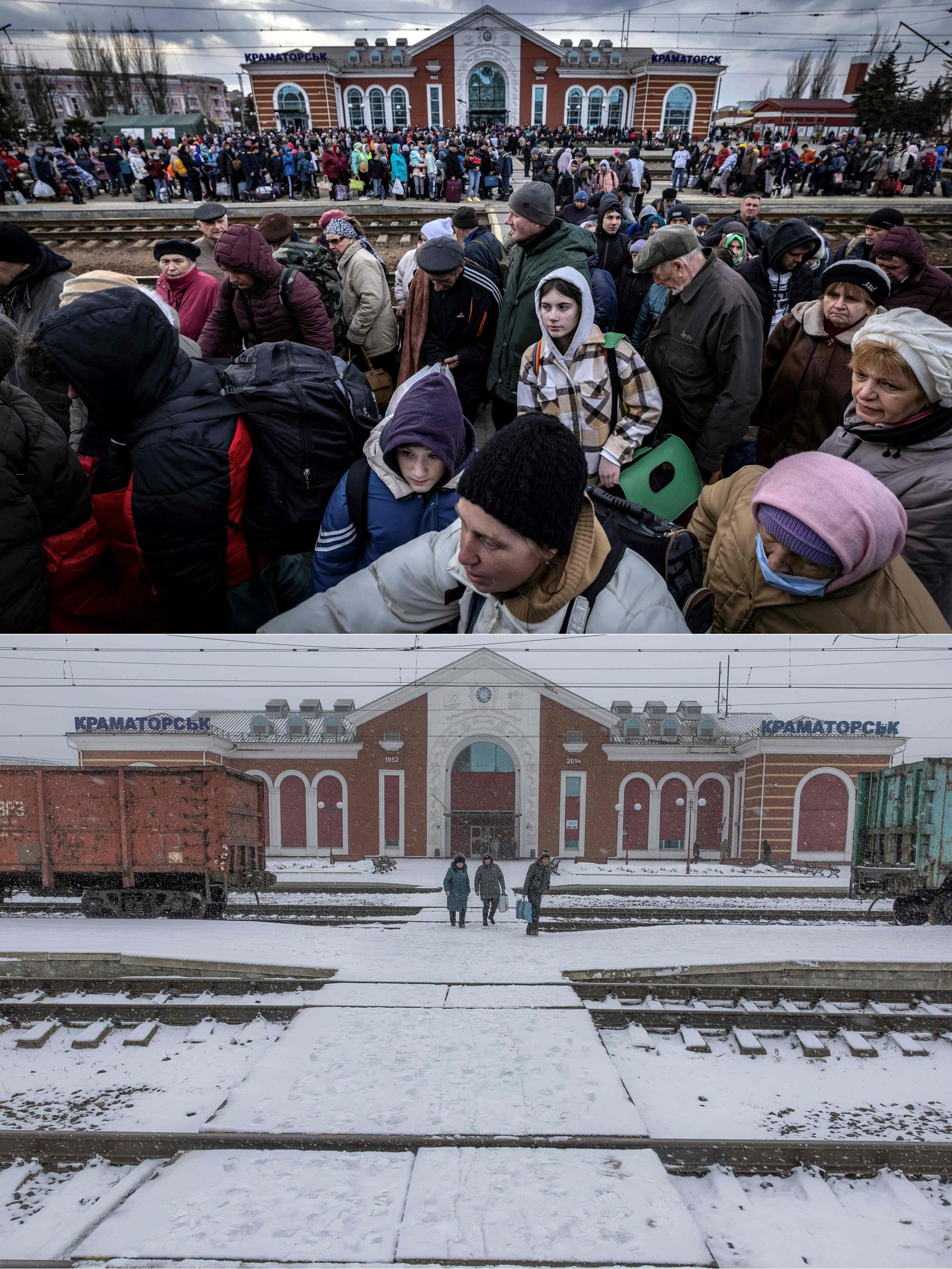 05/04/2022: Acima, famílias na plataforma da estação central de Kramatorsk aguardam para sair da cidade. 25/01/2024: Abaixo, a mesma estação. — Foto: FADEL SENNA and Roman PILIPEY / AFP