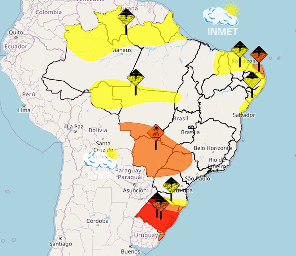 Mapa mostra como estão os alertas do Inmet para esta terça-feira — Foto: Reprodução