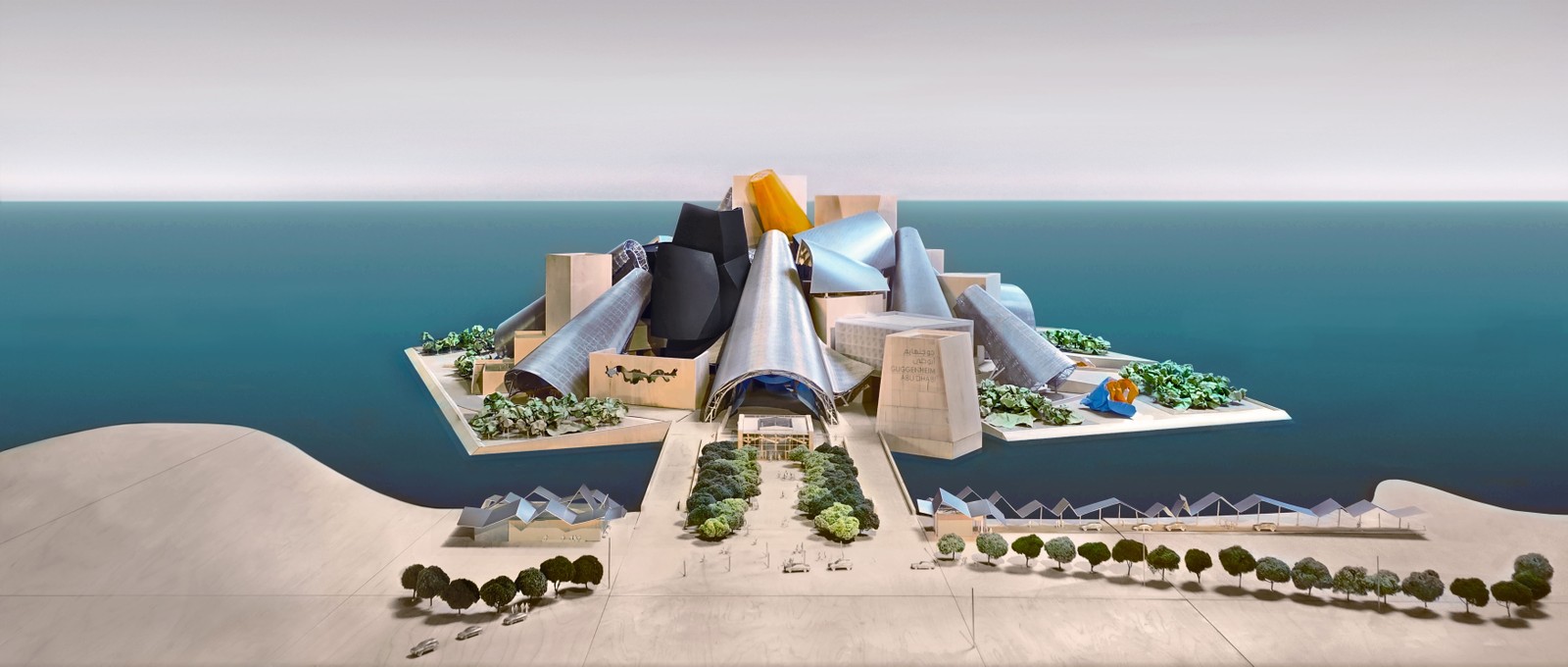 Distrito Cultural da Ilha Saadiyat, a 'ilha dos museus' de Abu Dhabi, nos Emirados Árabes Unidos. Desenho mostra como será o futuro Guggenheim Abu Dhabi, projetado pelo arquiteto Frank Gehry. — Foto: Divulgação / Departamento de Turismo de Abu Dhabi
