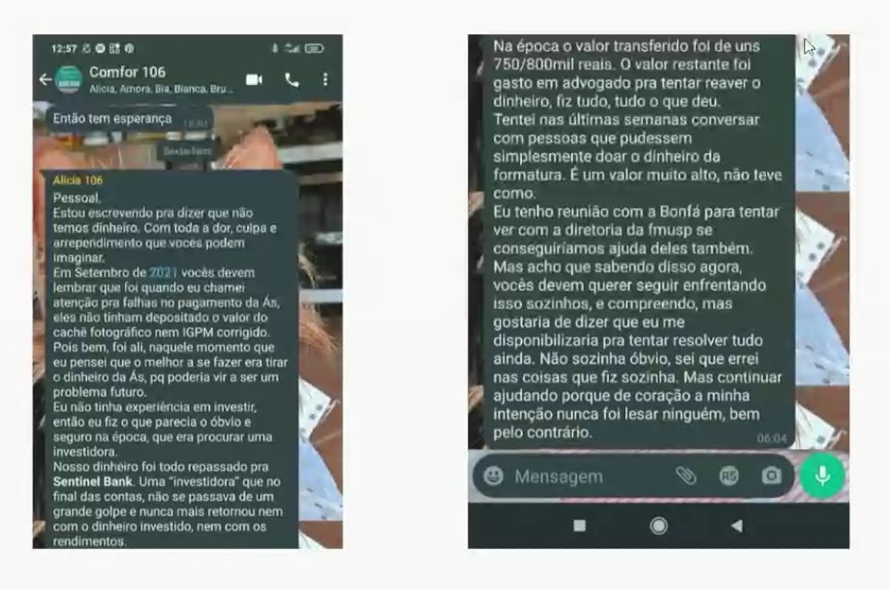 Em mensagem no WhatsApp aluna de medicina da USP que aplicou golpe de quase R$ 1 milhão diz ter sido vítima de fraude de investidora — Foto: Reprodução